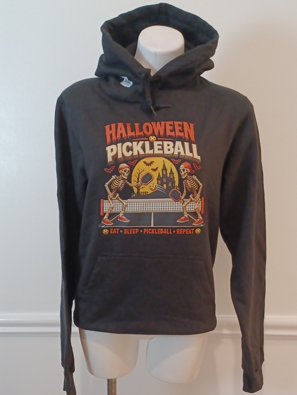 Unisex Small Halloween Pickleball Graphic Hooded Sweatshirt - Black Hoodie